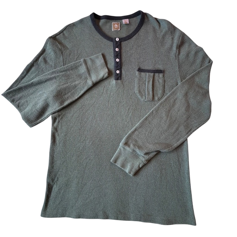 Original Penguin Mens XL Henley Shirt Sage Green Waffle Knit Long Sleeve READ